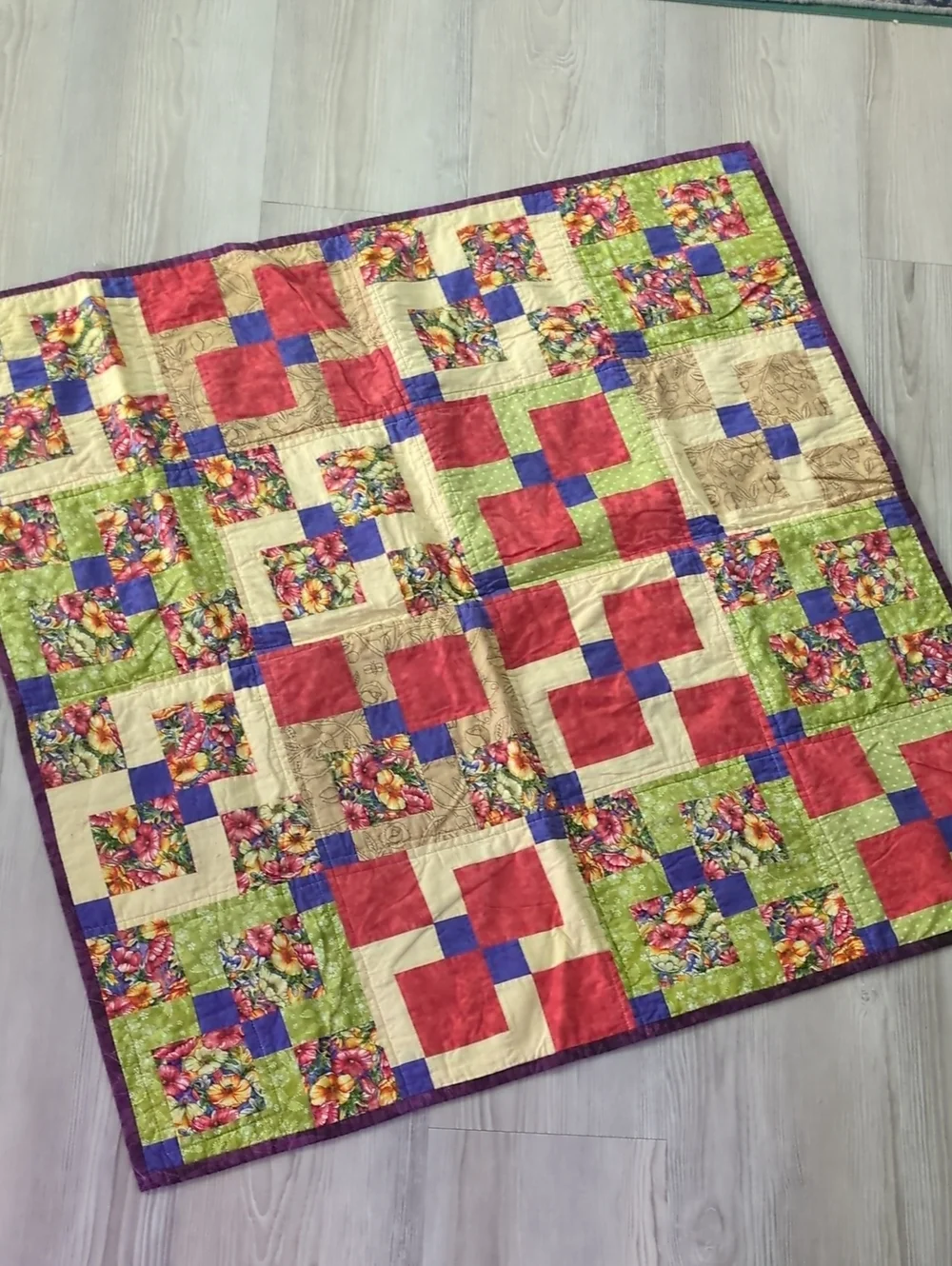 Handmade Floral Patchwork Quilt Wall Hanging Signed by Grandma Colorful Folk Art